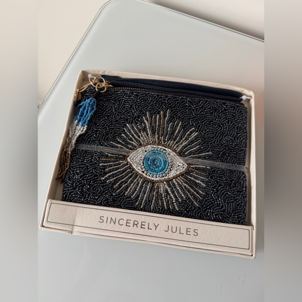 Sincerly Jules Black Beaded Clutch with Eye Design